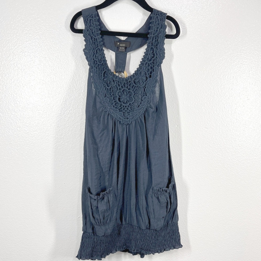 XXI Crochet High Neck Top Sleeveless Pockets Medium  Navy Y2K‎ Style Babydoll